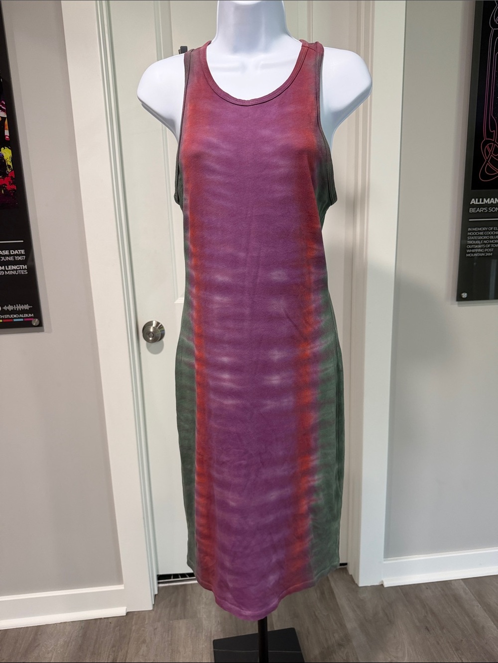 Raquel Allegra Sleeveless Tie-Dye Midi Dress in Purple, Green and Red